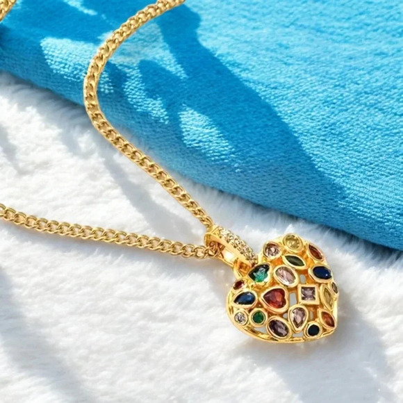 🆕️18K Gold Plated Rhinestone Heart Charm Necklace - Colorful Statement Piece✨ - Picture 14 of 14